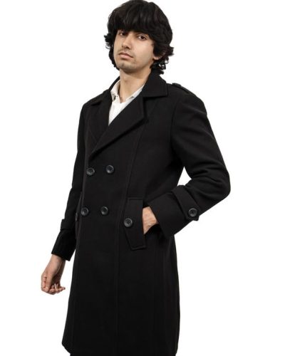Men's Black Breasted Wool Blend Overcoat