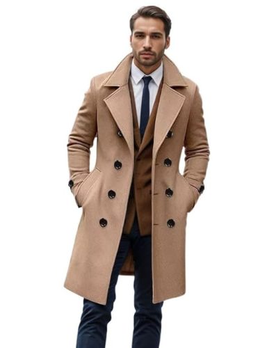 Men's Woolen Coat Double Breasted Long