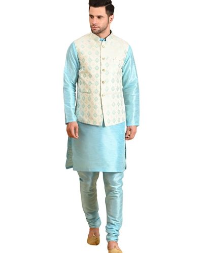 Men's Silk Blend Kurta Pajama with Designer Ethnic Nehru Jacket
